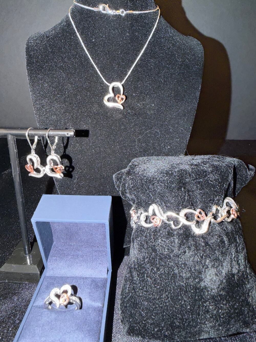 BR SUN Two Tone Heart Diamond Jewelry 5pc: Ring Earrings Bracelet Pendant NWOT